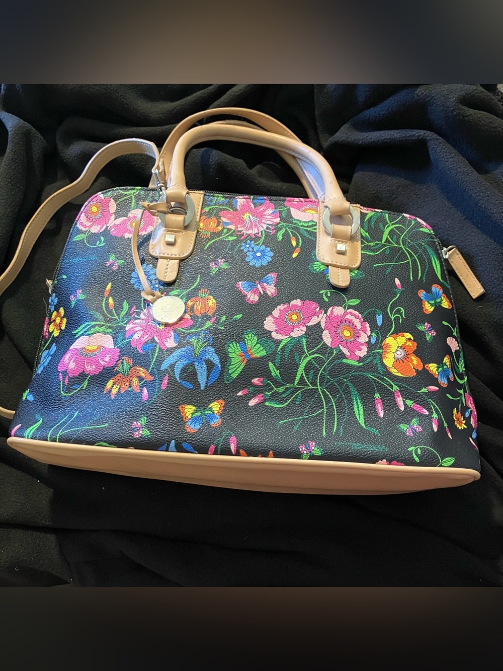CL America Whimsical Floral Butterfly Satchel Handbag Cottagecore Y2K Tan Trim